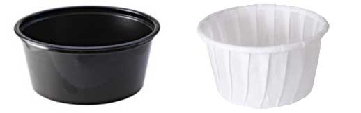 A plastic souffle cup from Fabri-Kal and a paper souffle cup from SOLO