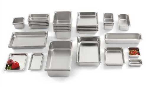 A variety of hotel pans in various sizes & configurations.