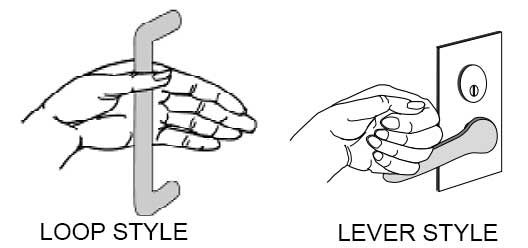 Illustrations of ADA compliant door handles. A loop style and a lever style handle.