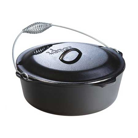 A classic 9 Qt. Dutch Oven With Spiral Bail Handle from Lodge Manufacturing.