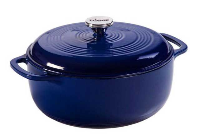 An example of an enameled dutch oven that allows for vibrant coloring like this cobalt blue model from Lodge Manufacturing.