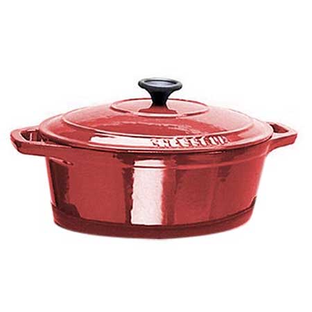 A high end Chasseur 8 Qt. Red Oval Dutch Oven with Lid