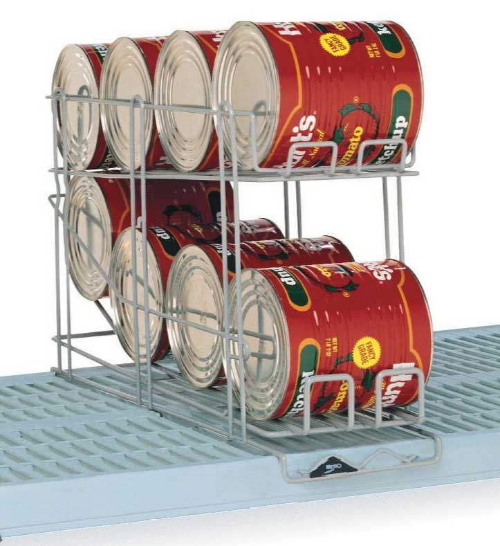 A good can rack can make storage and stock rotation easy - like this convenient shelf model from Metro.