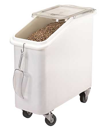 A quality ingredient bin can make work with dry ingredients go much more smoothly. This model from Cambro has features like casters, a sliding lid and a hook for a scoop.