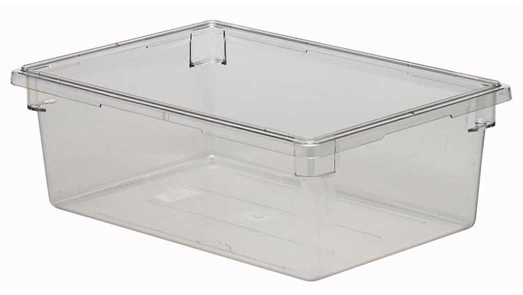 Use storage boxes on your shelves to keep things organized like this box from Cambro.