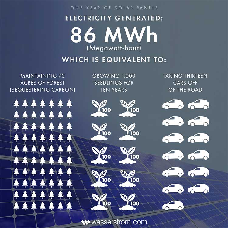 An infographic that shows the environmental equivalents of our solar panel usage.