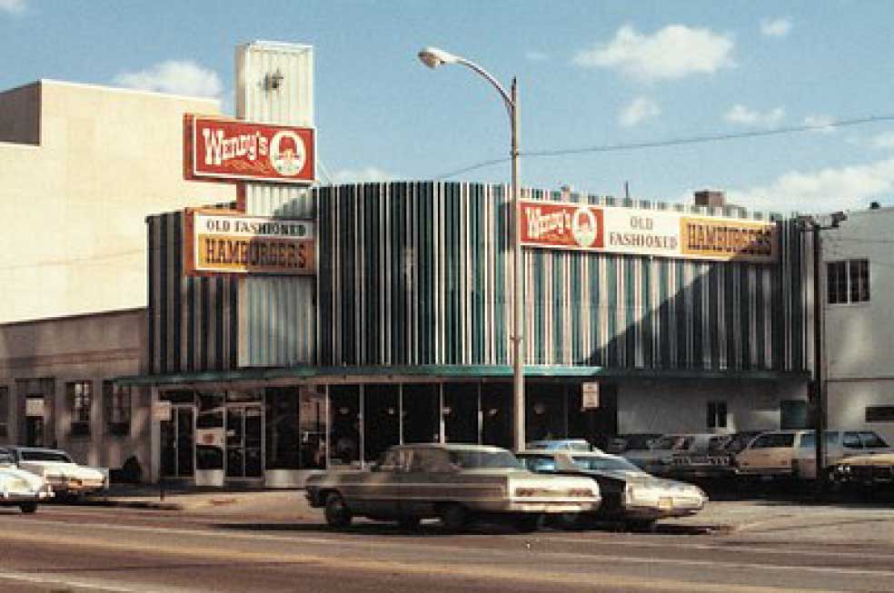 If you look at pictures of the first Wendy’s store, you see blue and white stripes on the outside walls of the building – those were actually downspouts that we cut and flattened.