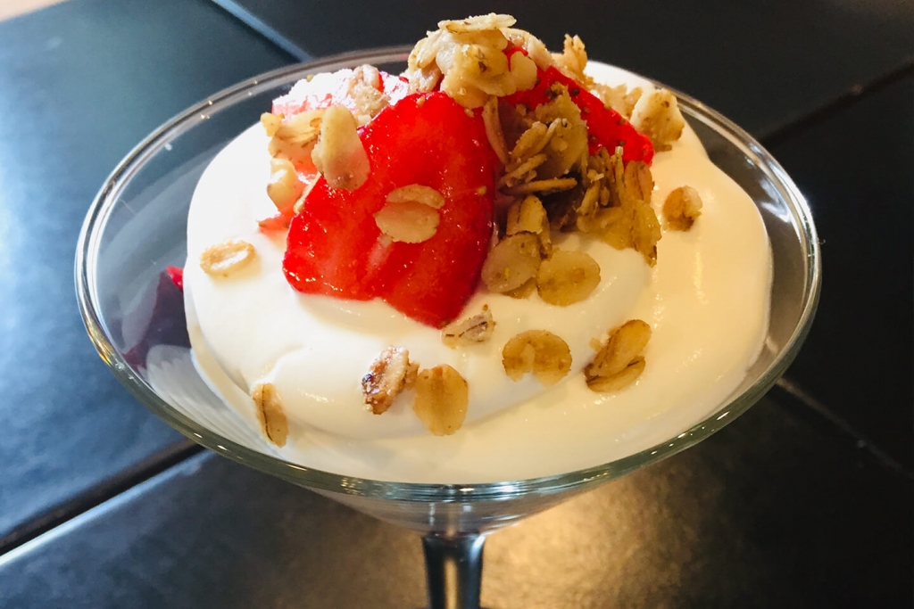 Chef Simone's Yogurt Espuma with Quick-Pickled Balsamic Strawberries and Granola.