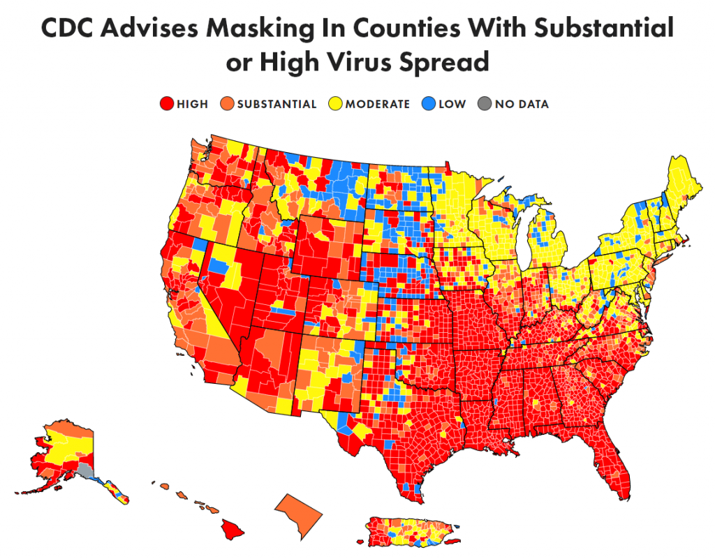 CDC Advises Masking In Counties With Substantial or High Virus Spread