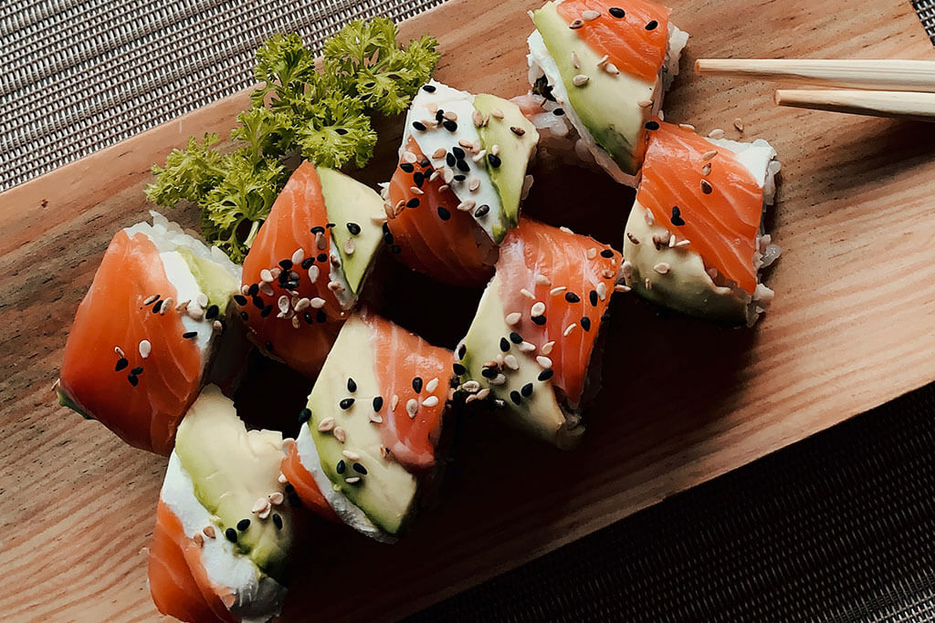 Sushi with sesame seeds. 