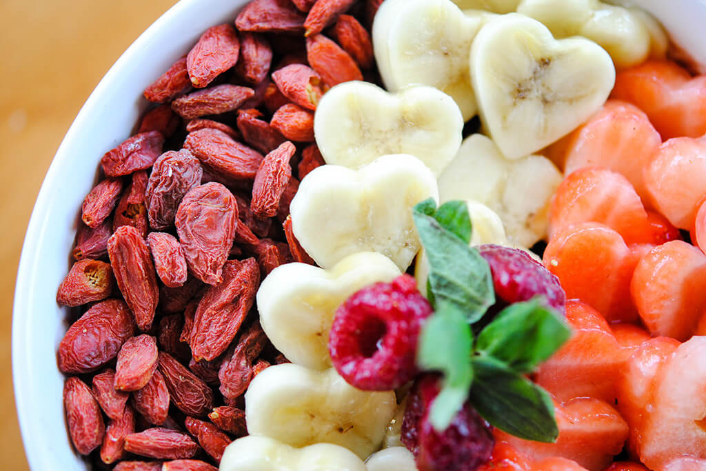 Berries and bananas. Raspberries and goji berries are superfoods!