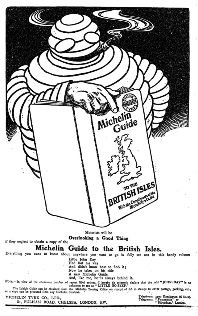 A vintage advertisement featuring Bibendum, the Michelin mascot. His name means, "Time to drink." 
