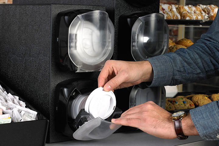 The Lidsaver3 2-Slot Lid Dispenser by Vollrath mitigates risk and saves you money, lending itself to a satisfying TCO. The Lidsaver3 design reduces bacteria by 98%, while dispensing the correct number of lids for less waste.