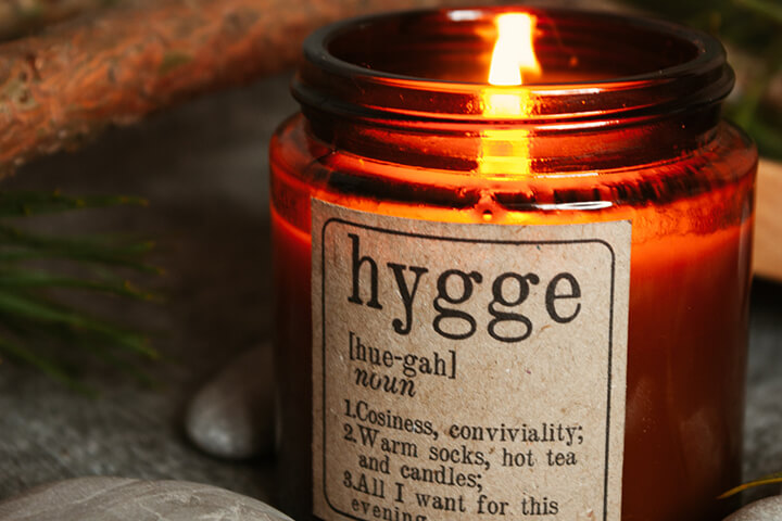 Danish hygge candle helps promote a cozy Scandinavian atmosphere. 