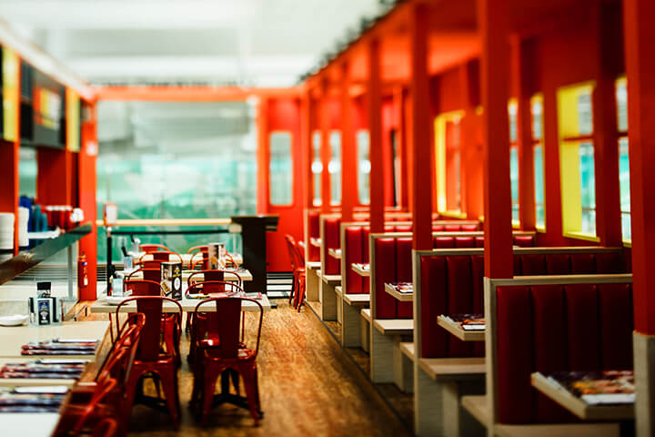 Red restaurant booths.