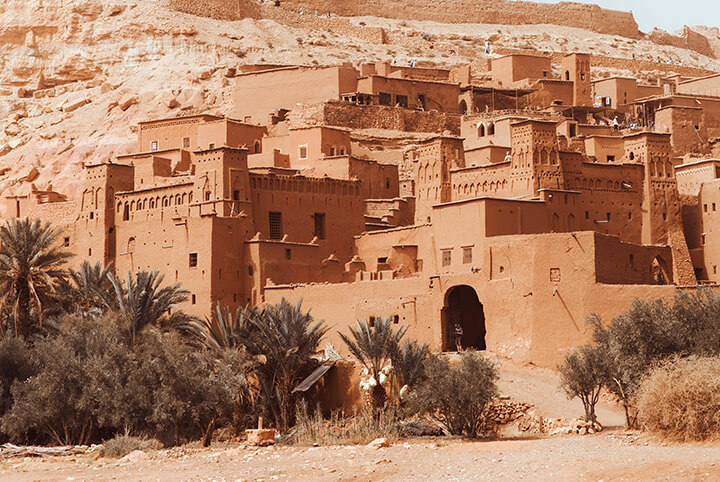 Earthen clay architecture found in landlocked Aït Benhaddou, Morocco. This architecture uses the same materials as some traditional types of tagine.