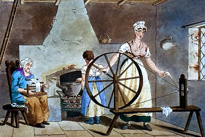 White-owned tea rooms offered a romanticized view of colonial life, incorporating spinning wheels like the one shown above, hook rugs, and simple décor.