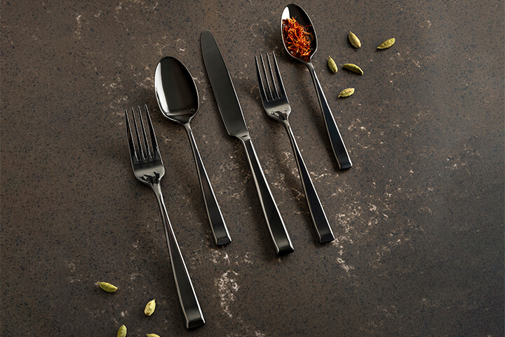 Liv Gunmetal features a PVD flatware finish.