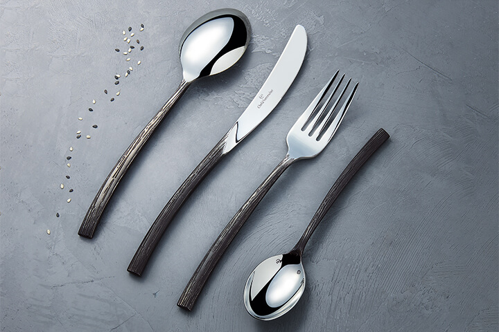 Flatware featuring an oxidized flatware finish.