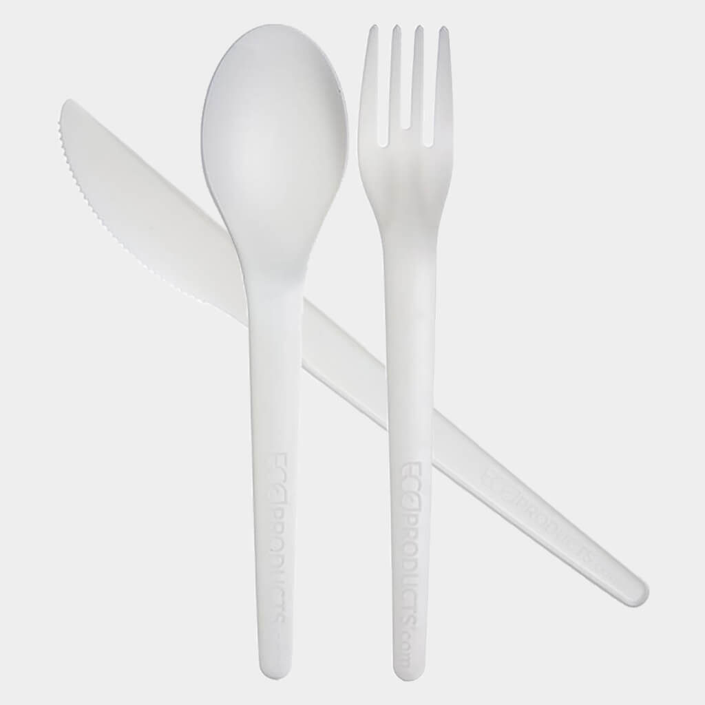 Plantware Cutlery is compostable, compact, and strong. Available in white, black, green, and blue. 