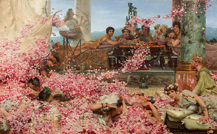 'The Roses of Heliogabalus' depicts the young Roman emperor Elagabalus hosting a banquet. Painting by Lawrence Alma-Tadema, 1888. Courtesy of WikiArt. 