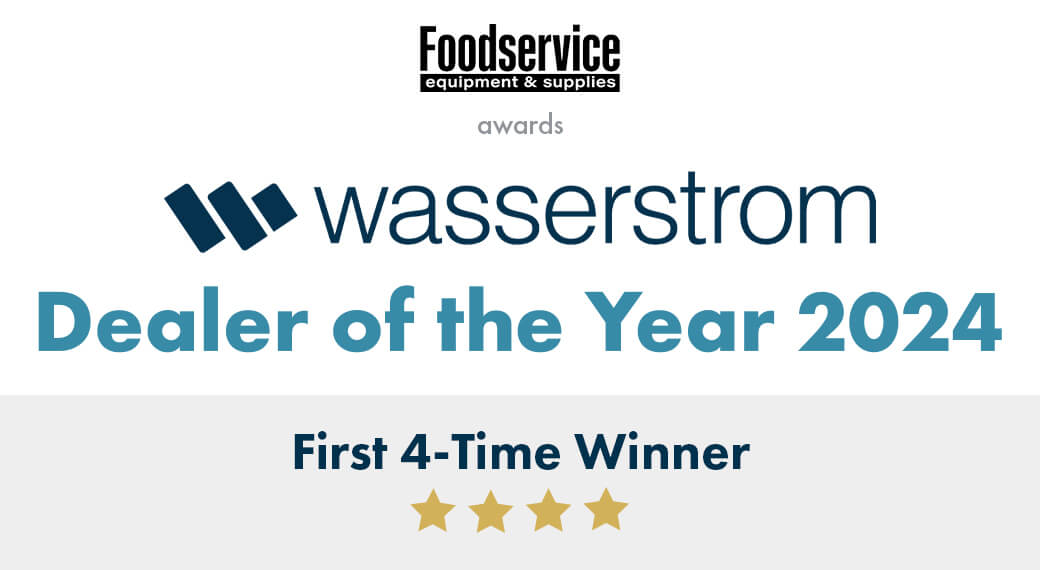 wasswestrom banner stating how wasserstrom has won the dealer of the year award 4 times, with 4 gold stars under the banner text