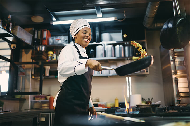 The sounds of clanging pots and sizzling pans inspire a lively and engaging atmosphere and adds to a restaurant's ambiance.