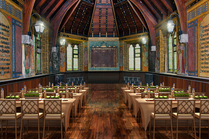 The Cornerstone Room at The Abbey Inn is located in the former convent. This beautiful room is adorned with historic hand painted ecclesiastical wall coverings and stained-glass windows, complimented by contemporary lighting.