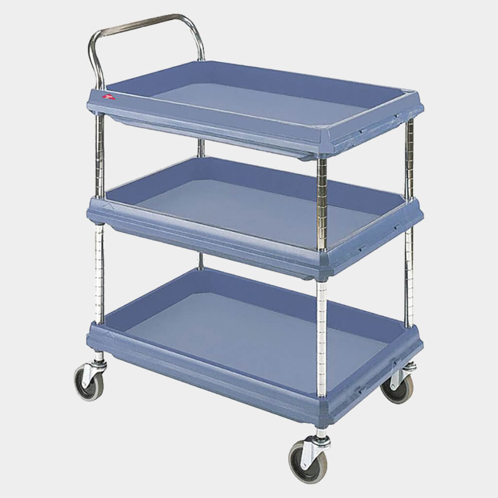 Metro's Deep Ledge Series Utility Carts contain products and spills. Polymer shelves are easy to clean and corrosion-proof. Operators particularly enjoy its easy, no-tool assembly and ergonomic handles.
