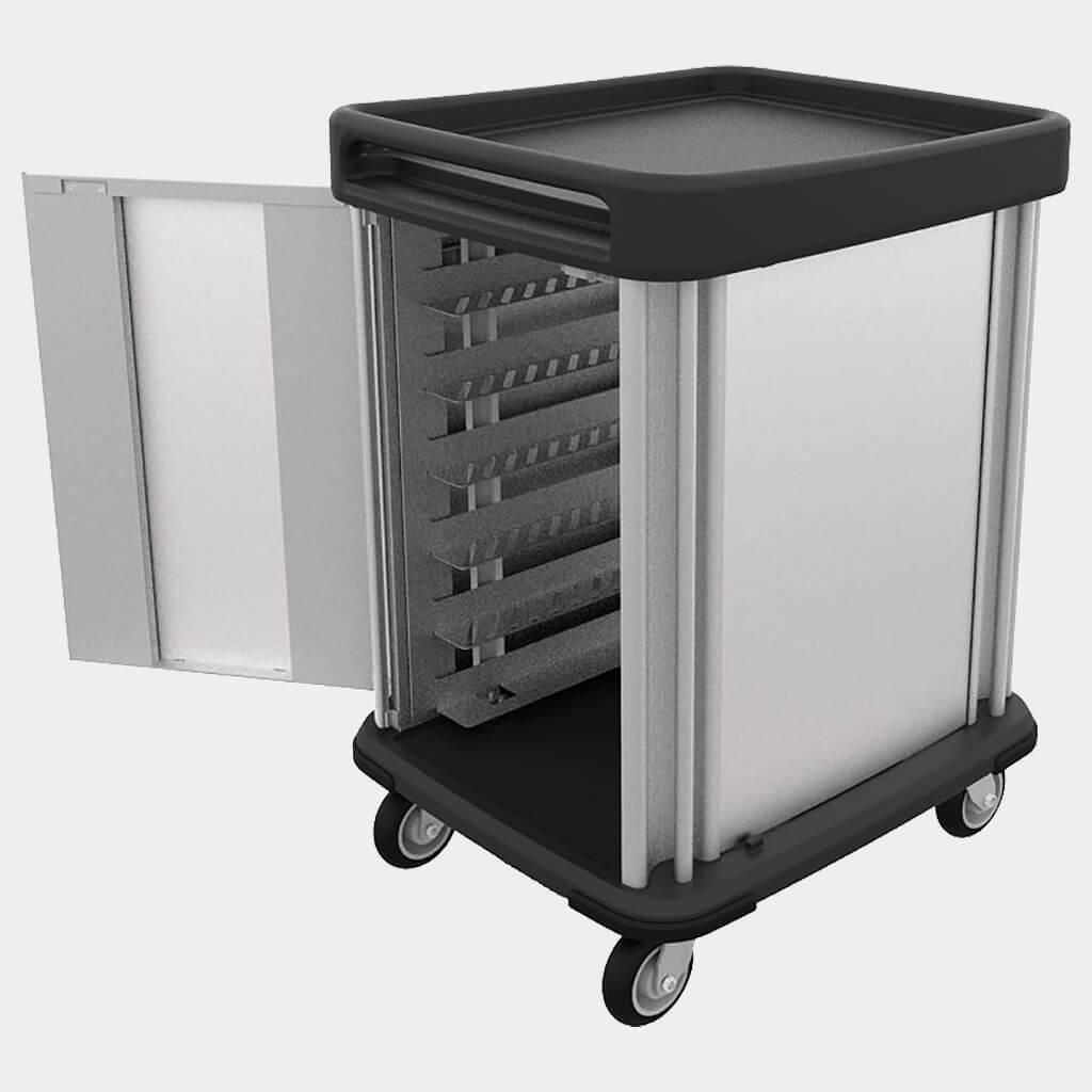 The Dinex TQ Supreme Cart features quiet casters that won't disturb residents or guests. A 270° door provides full access to tray slides and a floor drain allows condensation and excess liquid to drain from the cart's base.