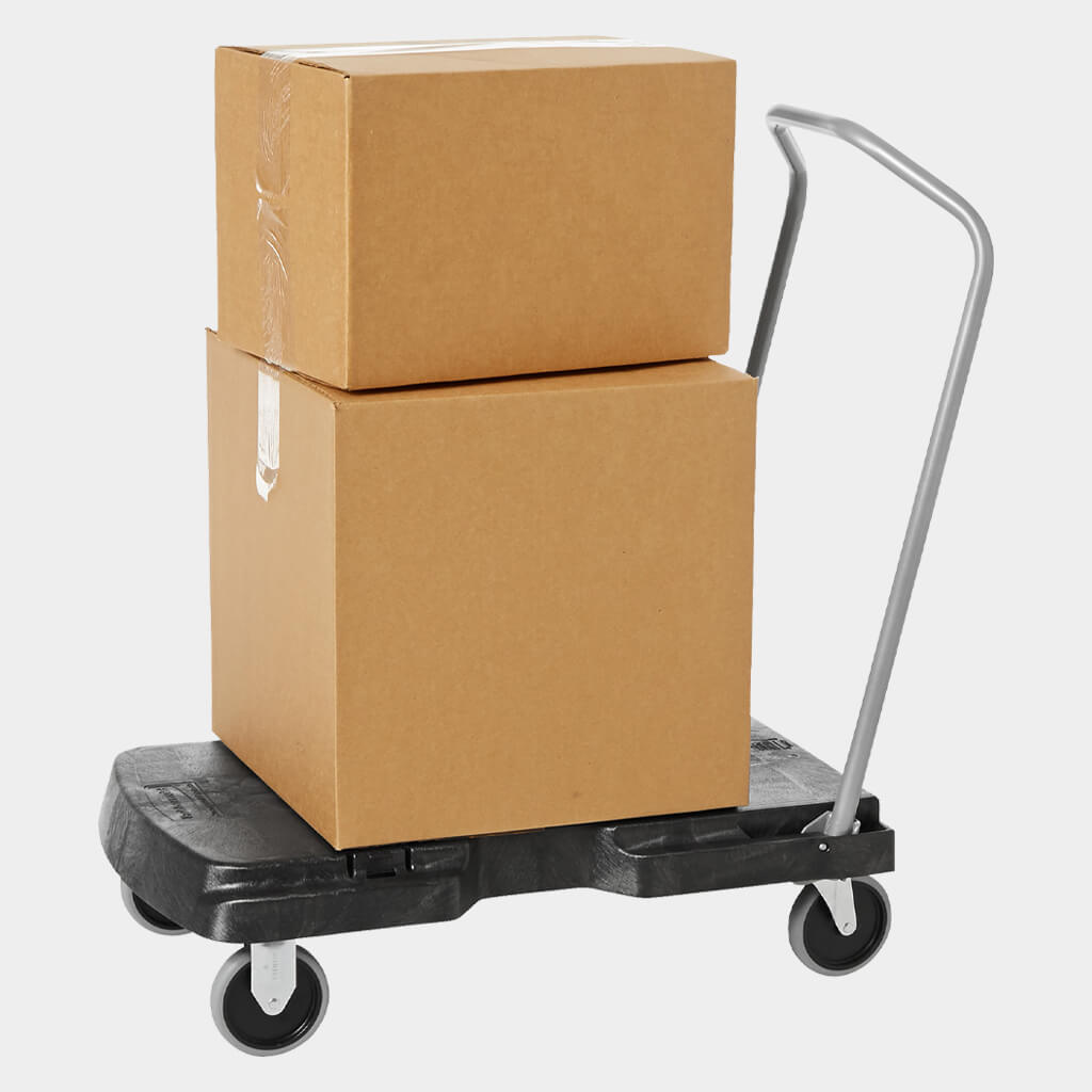 The Rubbermaid Commercial Triple Trolley efficiently transports large bulky loads and then folds flat for easy storage. Featuring non-marking casters, a 500 lb. load capacity, and an ergonomic handle.