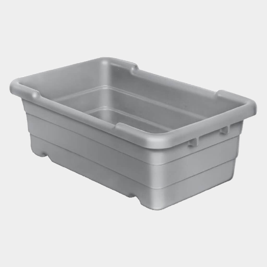 This Plastic Lug by Channel Manufacturing is cross stackable and tapered for nesting.