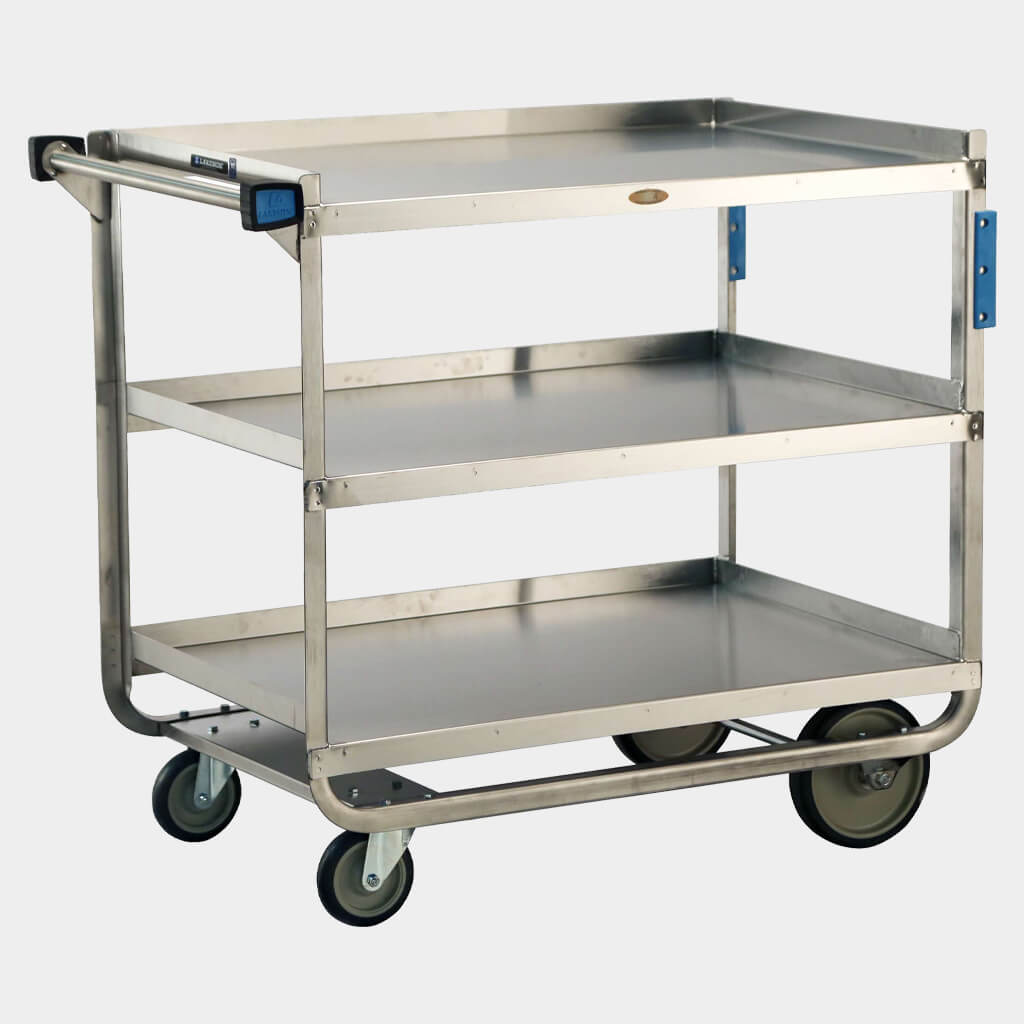 This Stainless Steel Utility Cart by Lakeside is ideal for receiving dock and storage room use, loading and moving dishes and flatware, and continuous hauling of heavy-duty loads over uneven surfaces. This cart accommodates up to 1,000 pounds and is NSF certified.