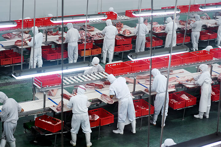 Workers in a meat processing plant.