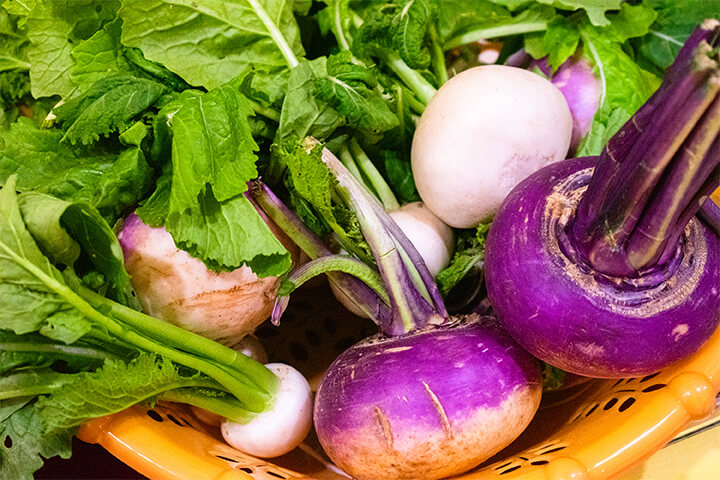 Pretty turnips in a basket.