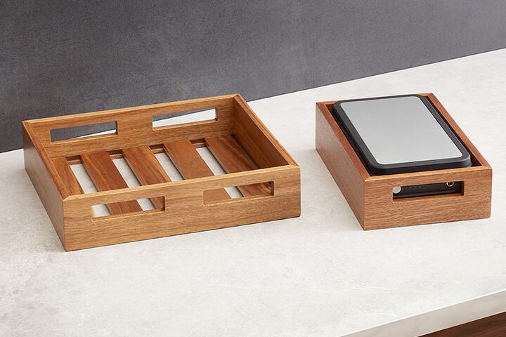 Crates with an Acacia finish.