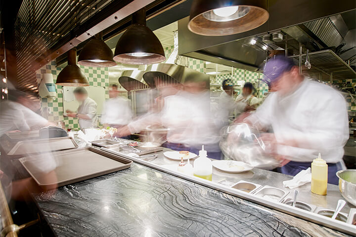 A very busy commercial kitchen.