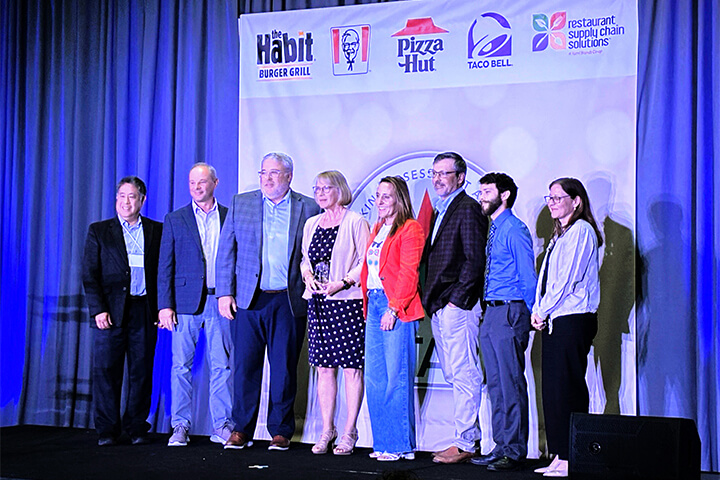 From Left to right: Jon Quan, Taco Bell Engineering; Chad Cerra, AVP Wasserstrom; Brian York, Director Of Sales Wasserstrom; Kathy Cianflona, Account Manager Wasserstrom; Liz Matthews, Taco Bell Global Chief Food Innovation Officer; Brad Freeman, RSCS Sr. VP Taco Bell Supply Chain; Josh Austin, RSCS Procurement Analyst; Heather Mottershaw, Taco Bell VP Product Development.