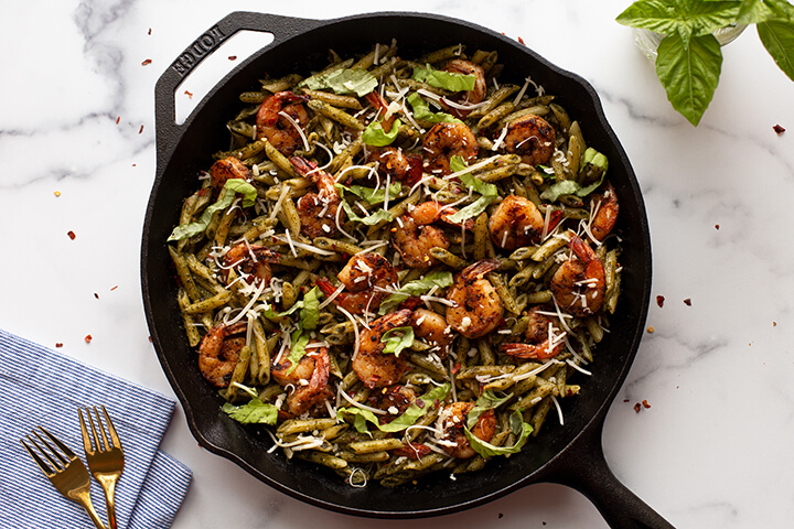 Blacked shrimp pesto penne prepared in a 10.25 Inch Seasoned Cast Iron Skillet by Lodge Cast Iron. 