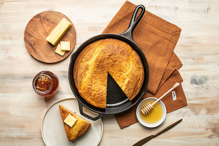 Cornbread prepared in a Classic Cast Iron Skillet by Lodge Cast Iron. Made in the USA and built to last for generations.