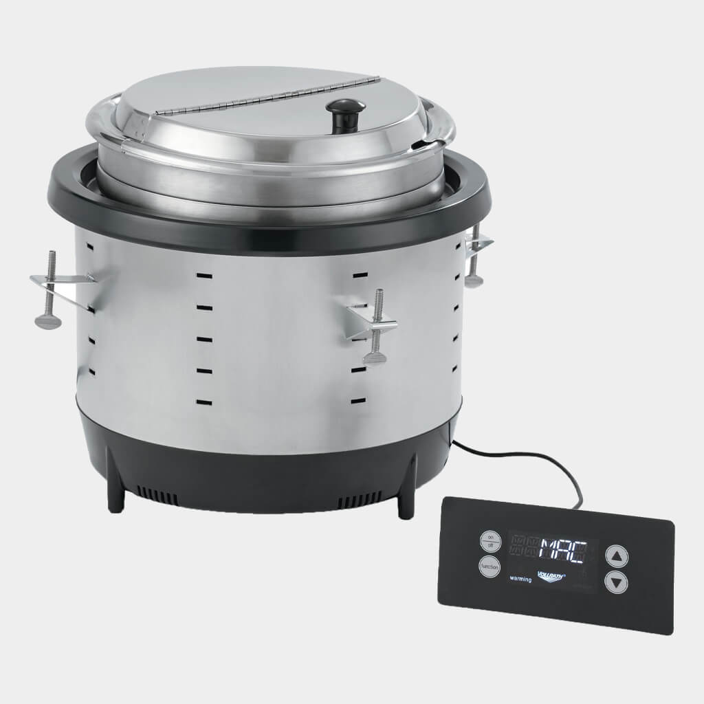 The Mirage Drop-In Induction Warmer by Vollrath. Available in 7 quarts or 11 quarts. Three sensors monitor food temperatures on the inset, and an indicator light notifies you when the contents need to be stirred. NSF-certified. 
