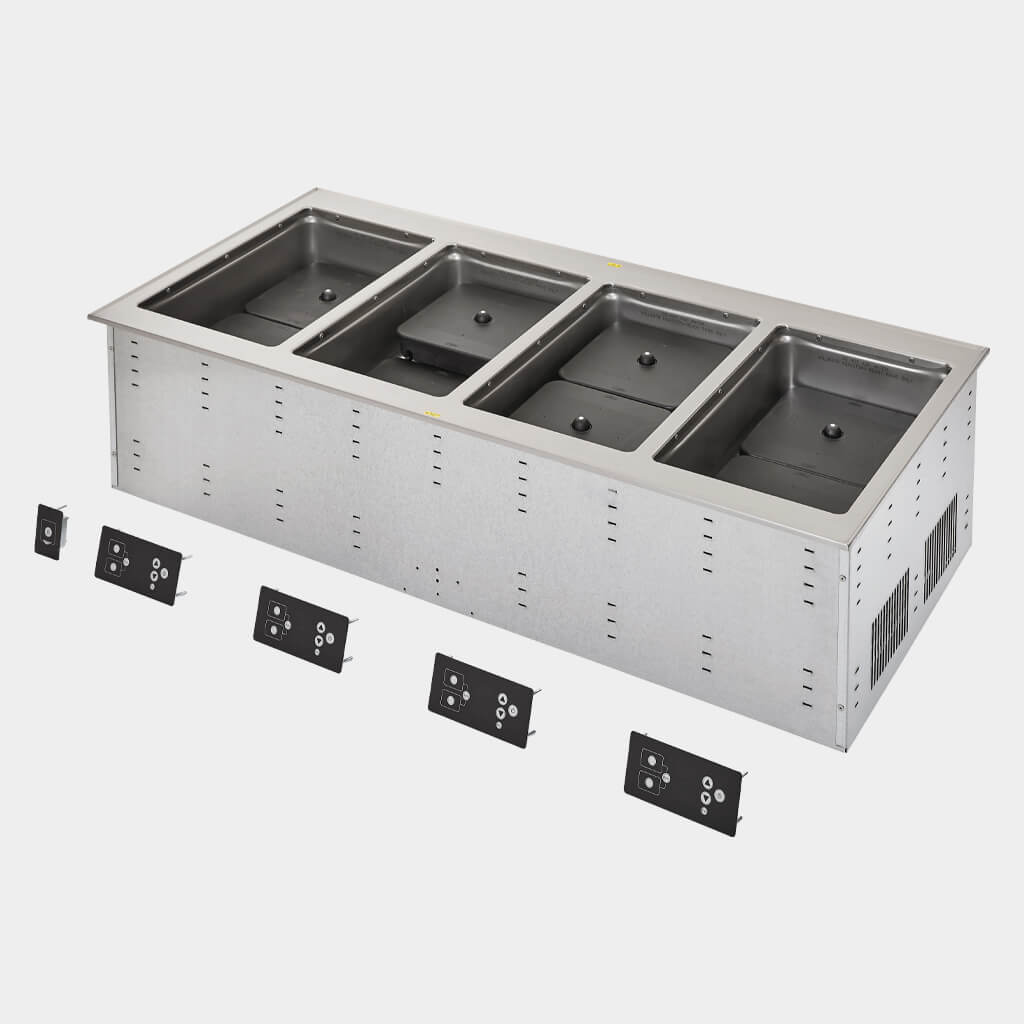 The 208- to 240-volt Modular Drop-In Dry Induction Hot Well is made of strong stainless steel, insulated with high-density glass fiber, and is 2.9 times more efficient than steam. NSF-certified.  
