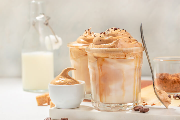 Dalgona coffee on a table.