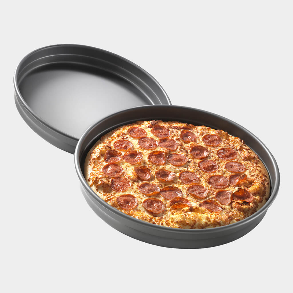 Exact Stack Pans, one with a pizza inside. 