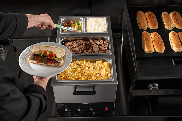 Vollrath's new 3-well rethermalizer, full of food.