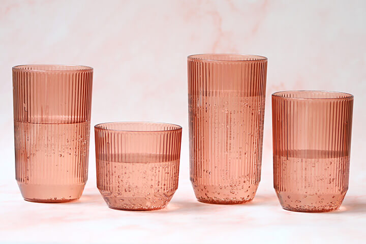 14 oz Gatsby™ Rocks, 10 oz Gatsby™ Rocks, 16 oz Gatsby™ Highball, and 14 oz Gatsby™ Rocks, shown in Rose.