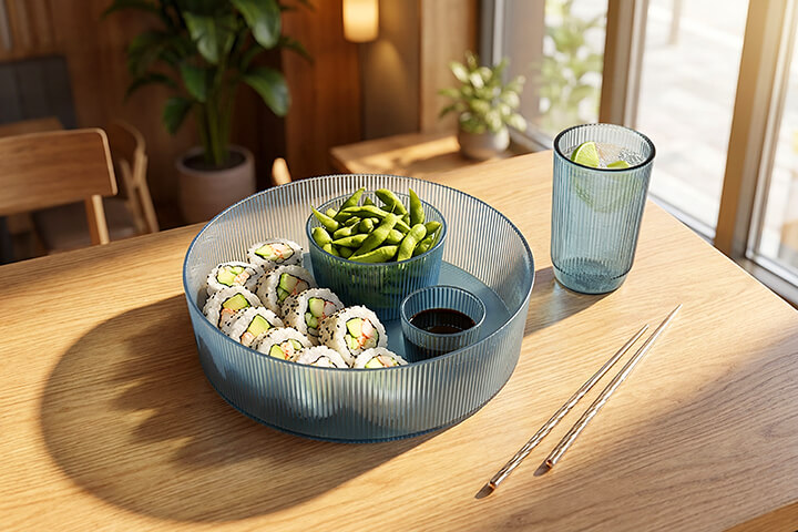 Three sizes of Round Gatsby™ Bento Bowls work harmoniously together. Shown in Peacock.