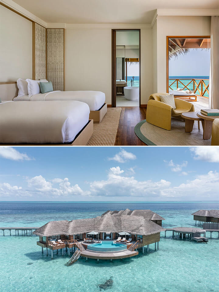Huvafen Fushi interior and exterior shots.
